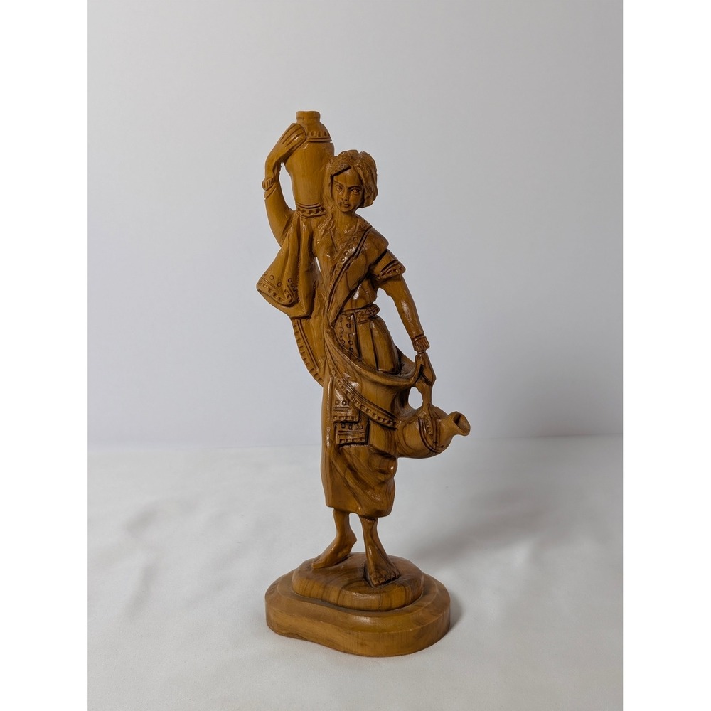 Vintage Hand Carved Wood Statue Woman Carrying Water Jugs Figurine Art Decor